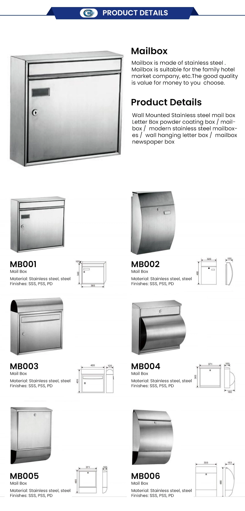 Huasheng Outdoor Rust-Proof 201 Stainless Steel Mailbox Notification Door Mailbox